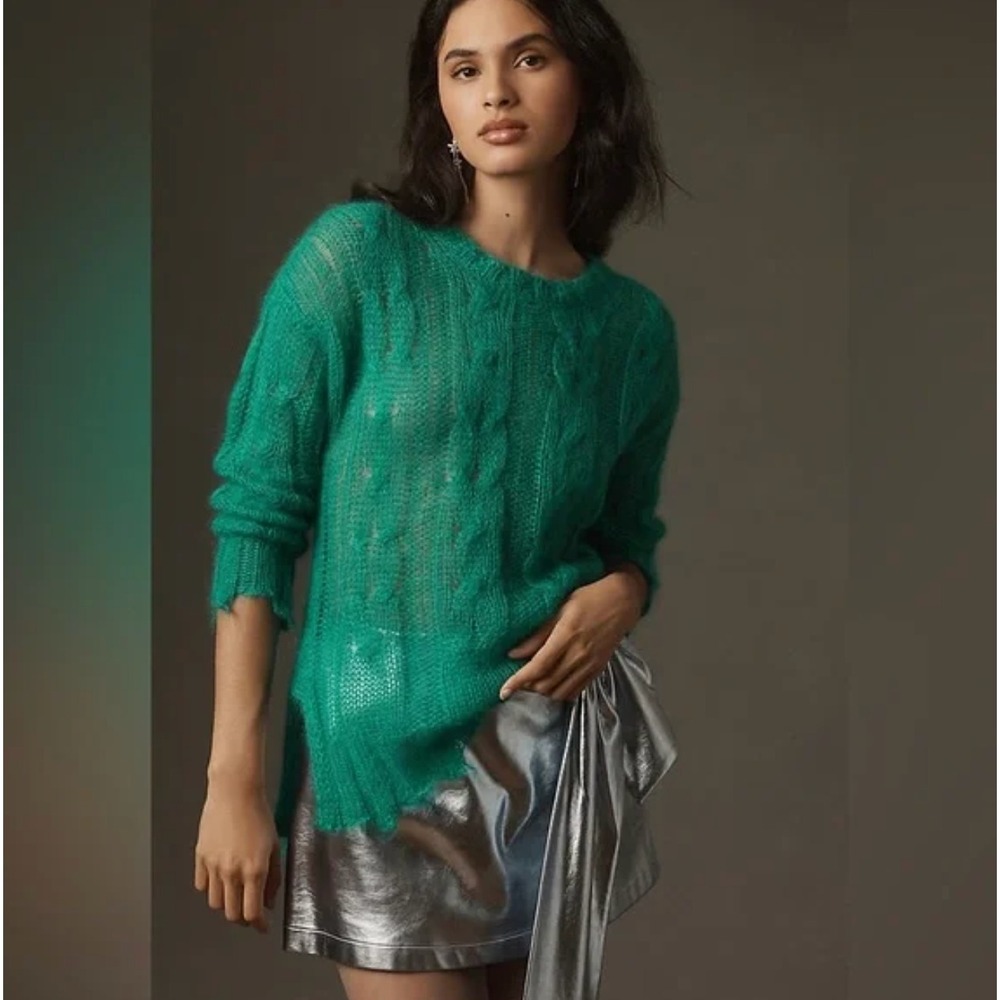 Anthropologie The Posey Stitchy Distressed Mohair Sweater in Green Size Small